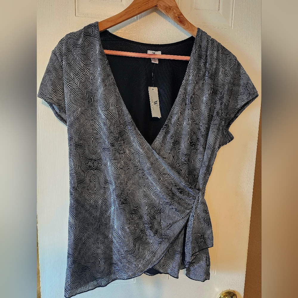 Worthington Black and White Swirl Wrap Blouse